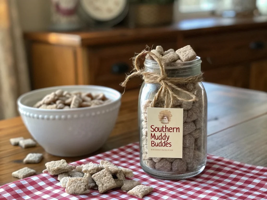 A glass jar filled with homemade Puppy Chow (Southern Muddy Buddies), sealed with a twine ribbon, next to a serving bowl of the snack.