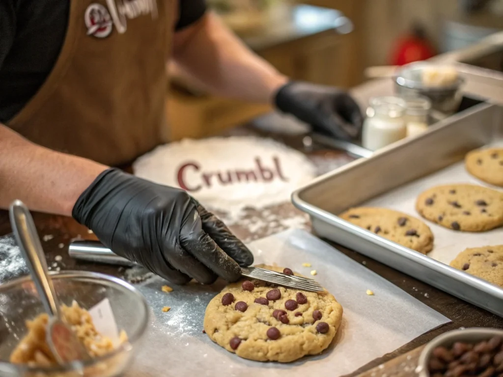 Close-up of a freshly baked Crumbl cookie being prepared, representing consistency and quality in the three C’s of Crumbl Cookies.