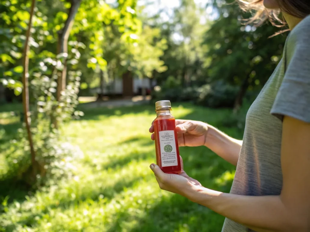 A person holding a colorful immunity shot bottle outdoors, representing wellness and the daily use of the best immunity shot.