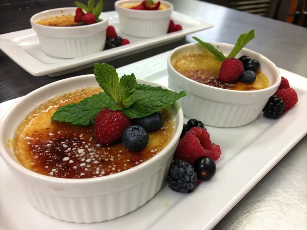 Finished crème brûlée made with milk, garnished with fresh mint and berries, showing the lighter alternative.