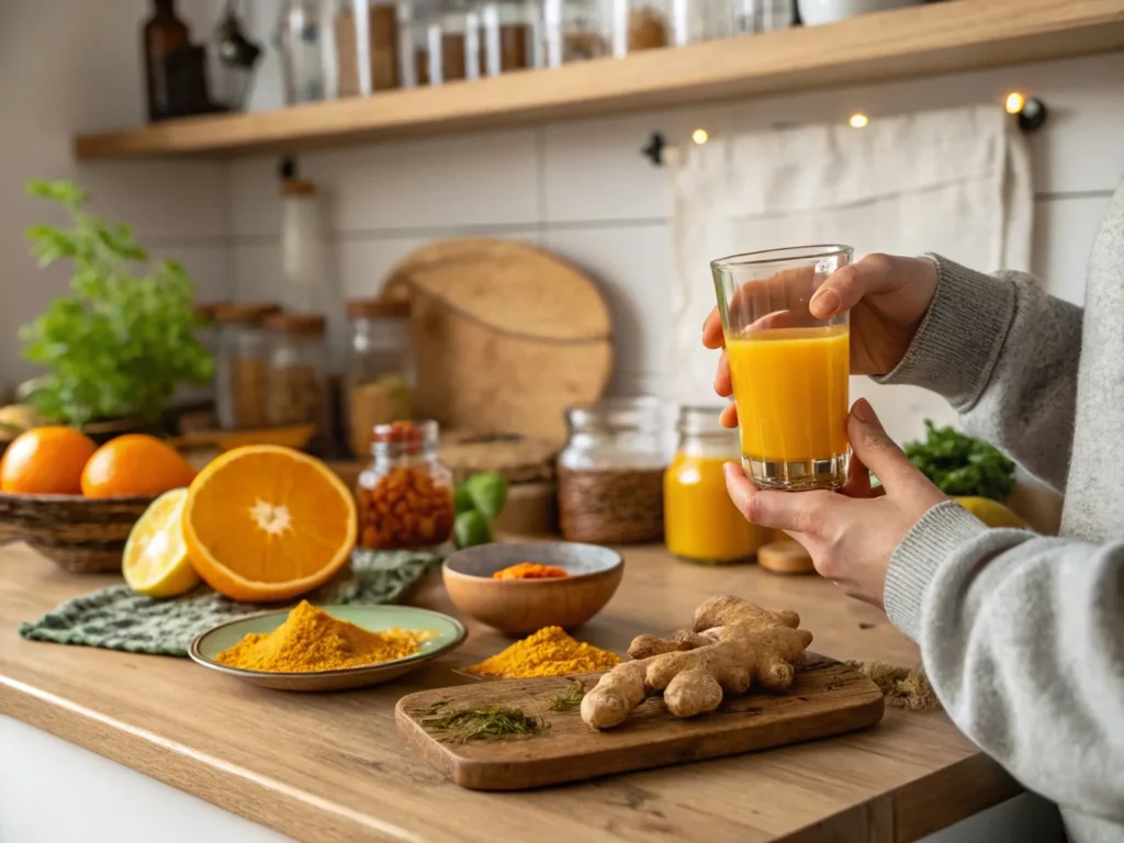 Person drinking a natural immunity shot made with ginger and turmeric – What shot is good for immune system?