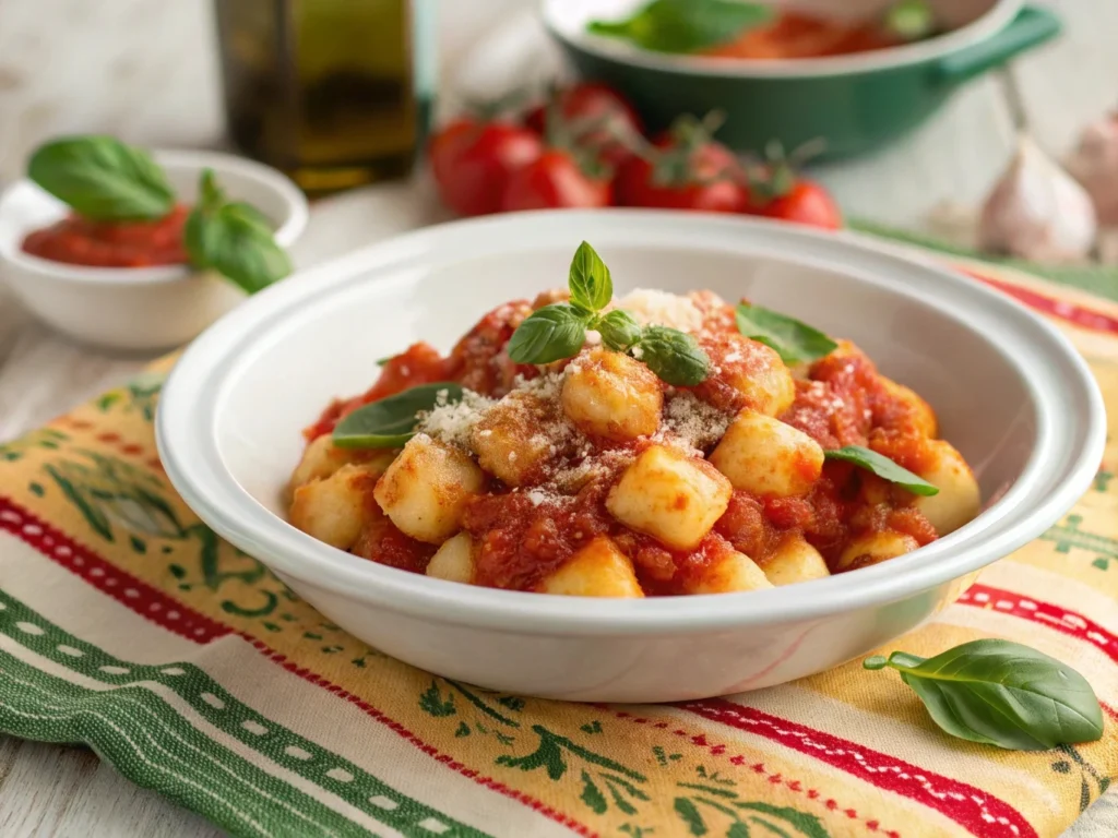 Gnocchi di patate with tomato sauce and fresh basil garnish.