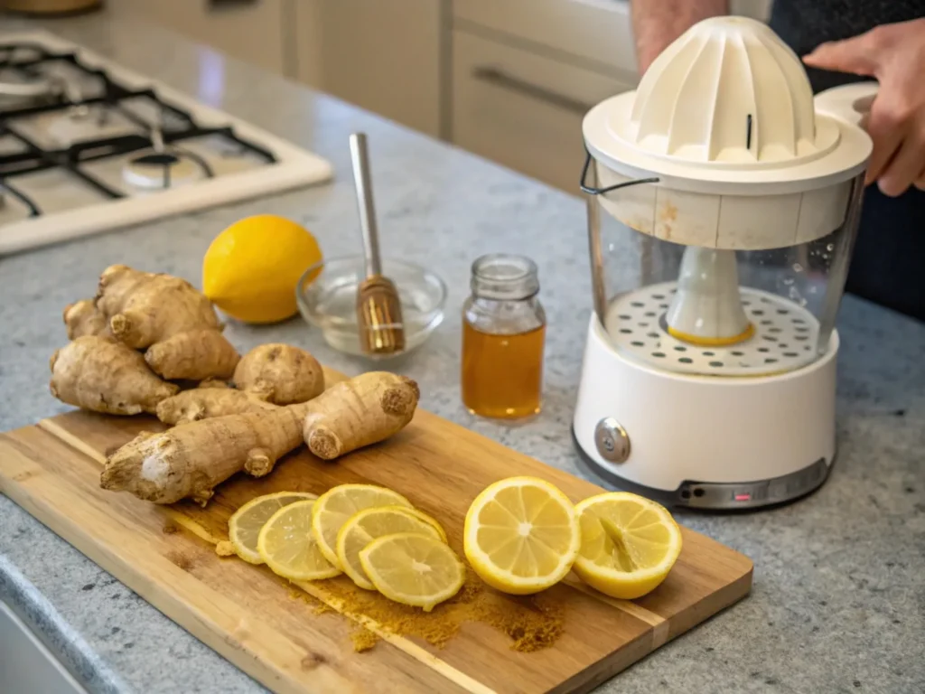 Fresh ginger, sliced lemons, and honey on a wooden cutting board next to an electric juicer on a kitchen countertop.