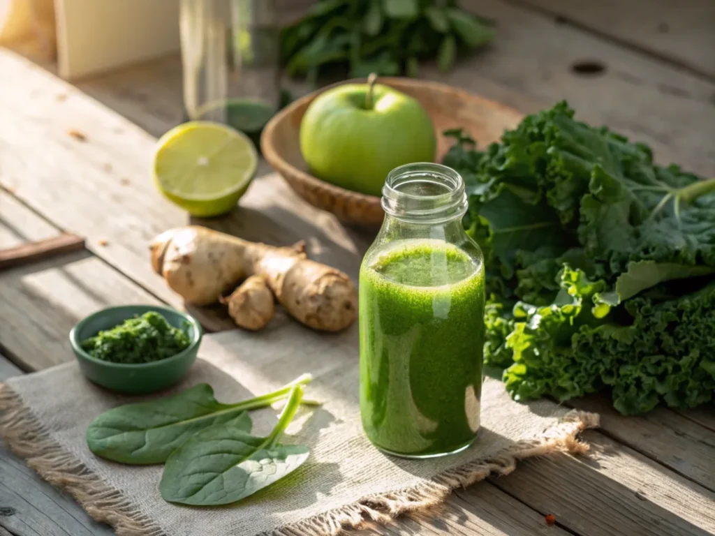 Fresh green smoothie in a glass bottle surrounded by kale, spinach leaves, ginger, lime, and a green apple on a rustic wooden table.