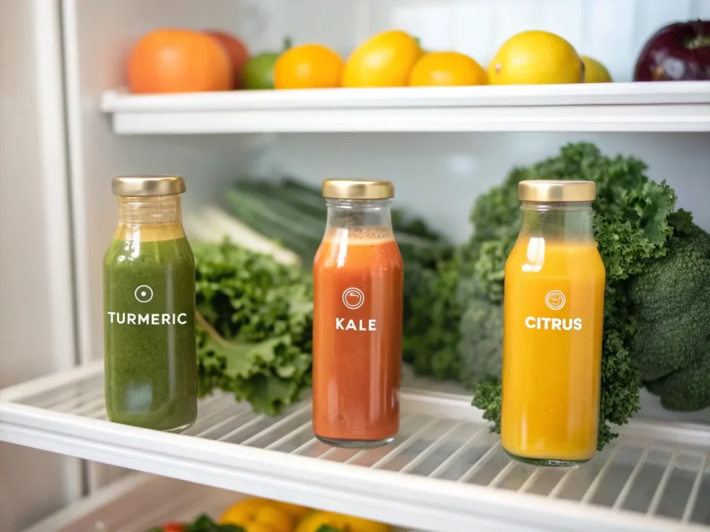 Three labeled bottles of fresh juices—Turmeric, Kale, and Citrus—neatly arranged in a refrigerator alongside fresh fruits and vegetables.