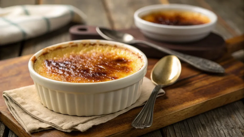 Classic crème brûlée in a ceramic ramekin with a golden caramelized sugar crust. Perfectly baked custard using safe cookware