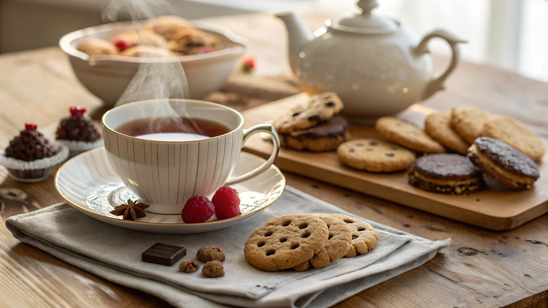 A cozy afternoon tea setup featuring Earl Grey tea with shortbread, chocolate chip, and raspberry Linzer cookies. The perfect tea and cookie pairing.