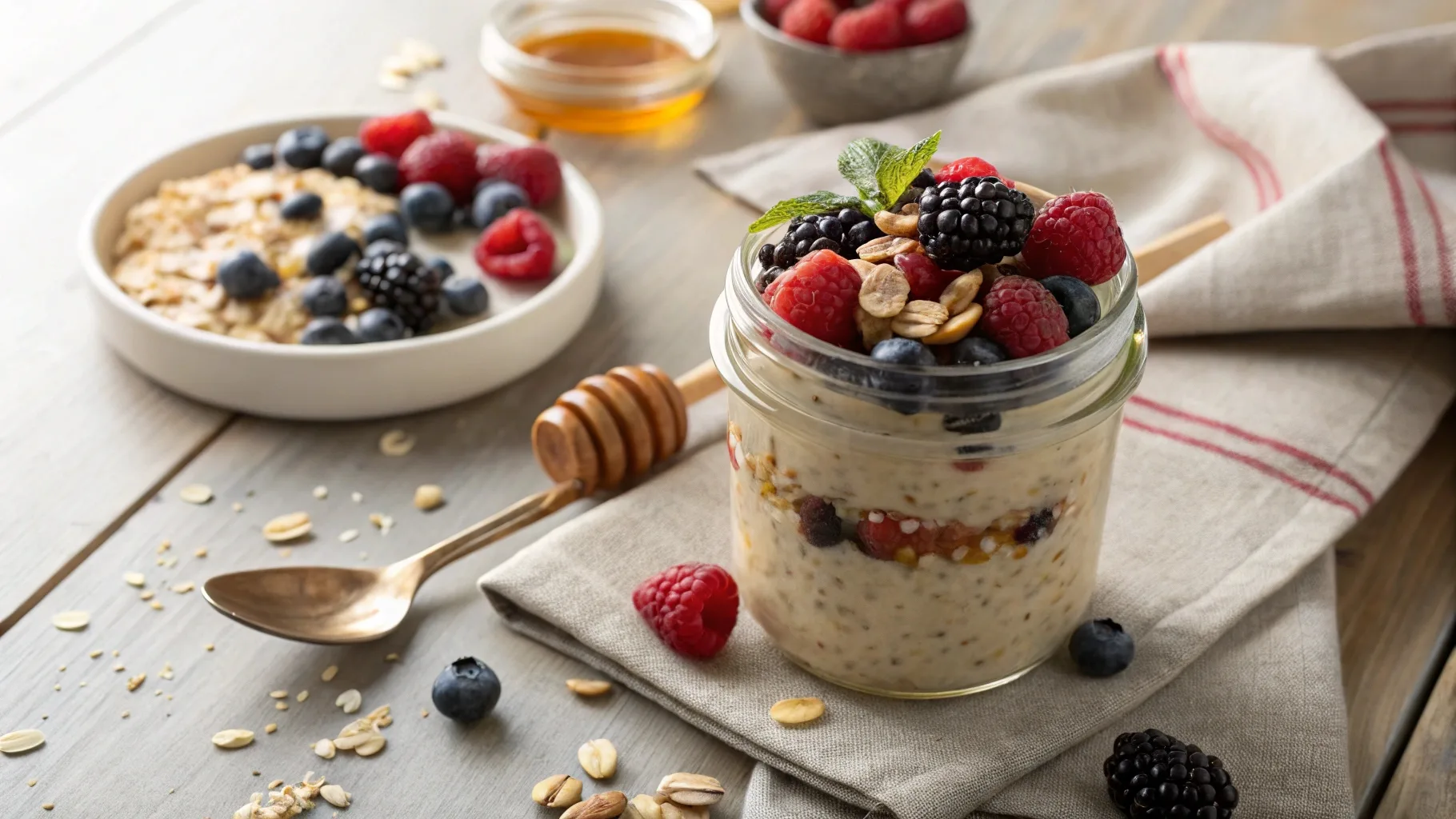 Is oats overnight healthy? A jar of overnight oats topped with fresh berries, nuts, and honey, placed on a wooden breakfast table.