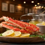 Freshly cooked Alaskan king crab legs served with lemon wedges and melted butter, highlighting the key differences in King Crab vs Alaskan King Crab.