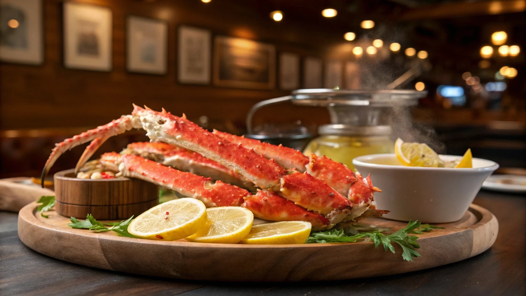 Freshly cooked Alaskan king crab legs served with lemon wedges and melted butter, highlighting the key differences in King Crab vs Alaskan King Crab.