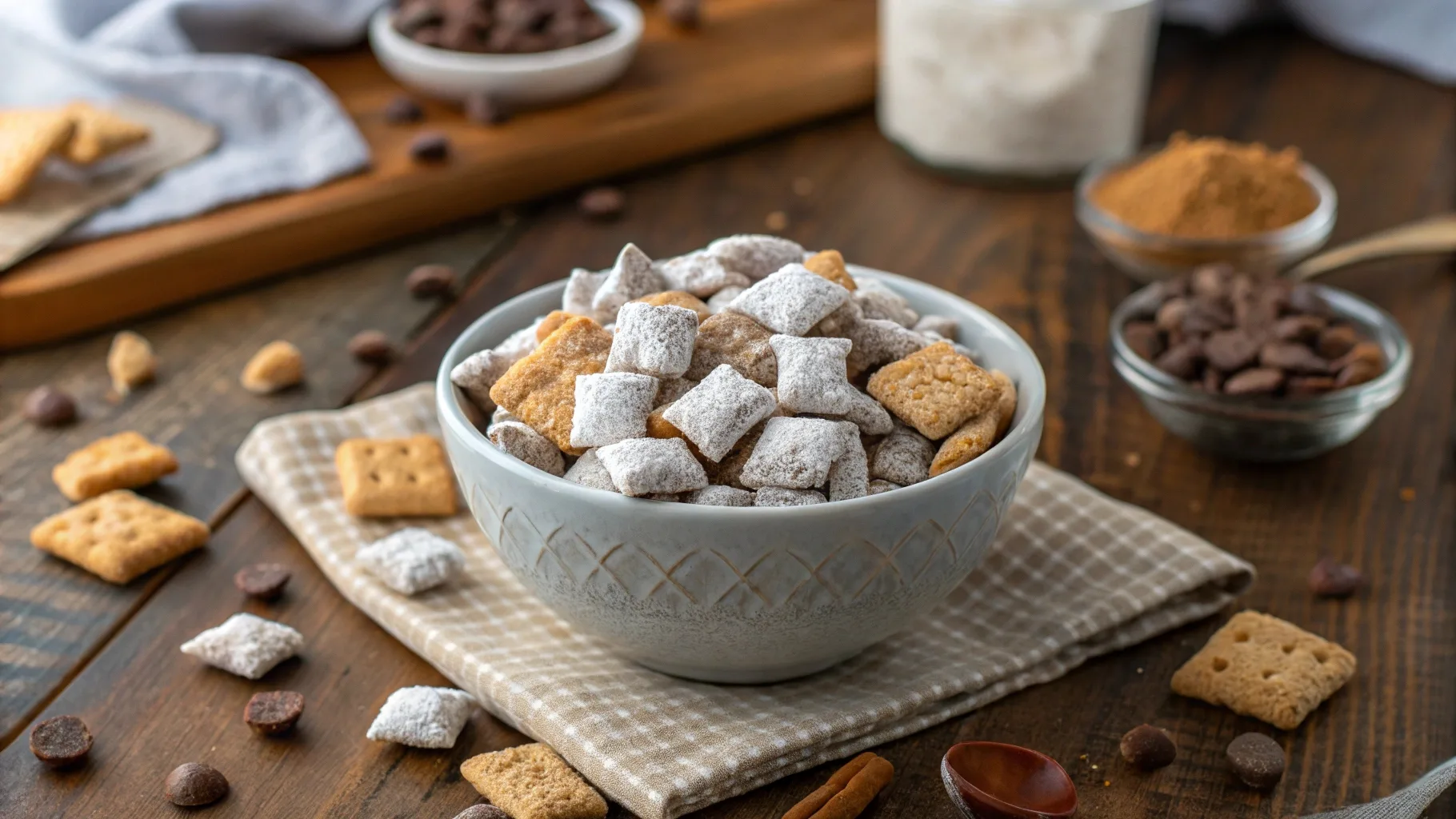 A bowl of freshly made Muddy Buddies coated in powdered sugar, surrounded by Chex cereal, chocolate chips, peanut butter, and powdered sugar on a rustic wooden table.