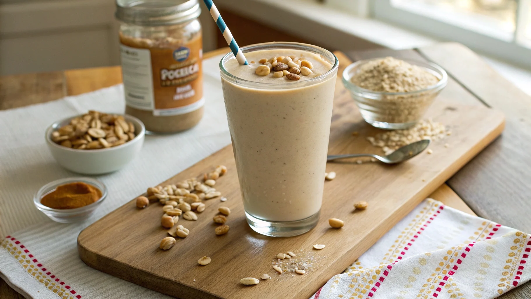 A creamy peanut butter smoothie without banana in a glass, garnished with crushed peanuts, with a jar of peanut butter and oats beside it.