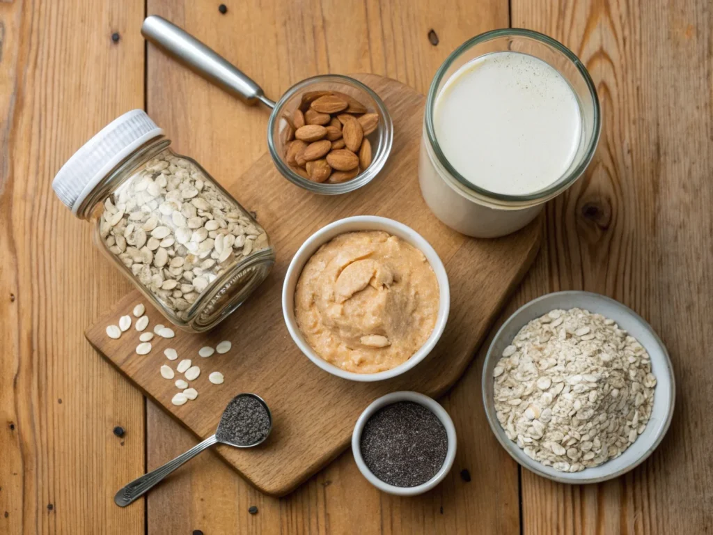 Key ingredients for a banana-free peanut butter smoothie, including peanut butter, almond milk, oats, chia seeds, and protein powder on a wooden surface.