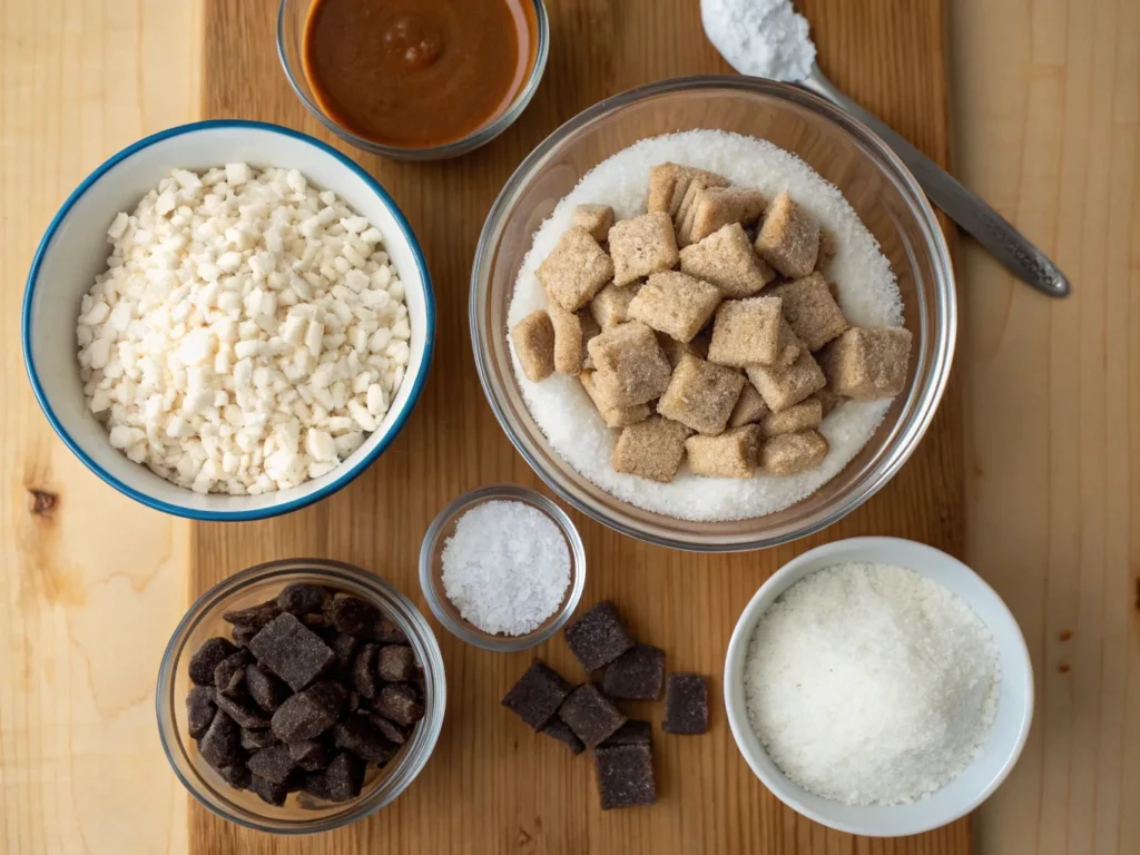 Muddy Buddies ingredients: Rice Chex cereal, melted chocolate, peanut butter, powdered sugar, and vanilla extract on a kitchen counter.