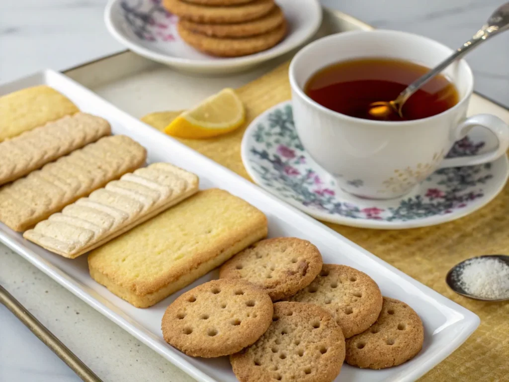 A plate of shortbread, lemon drizzle, and digestive biscuits served with a warm cup of tea. The best cookies to pair with tea.