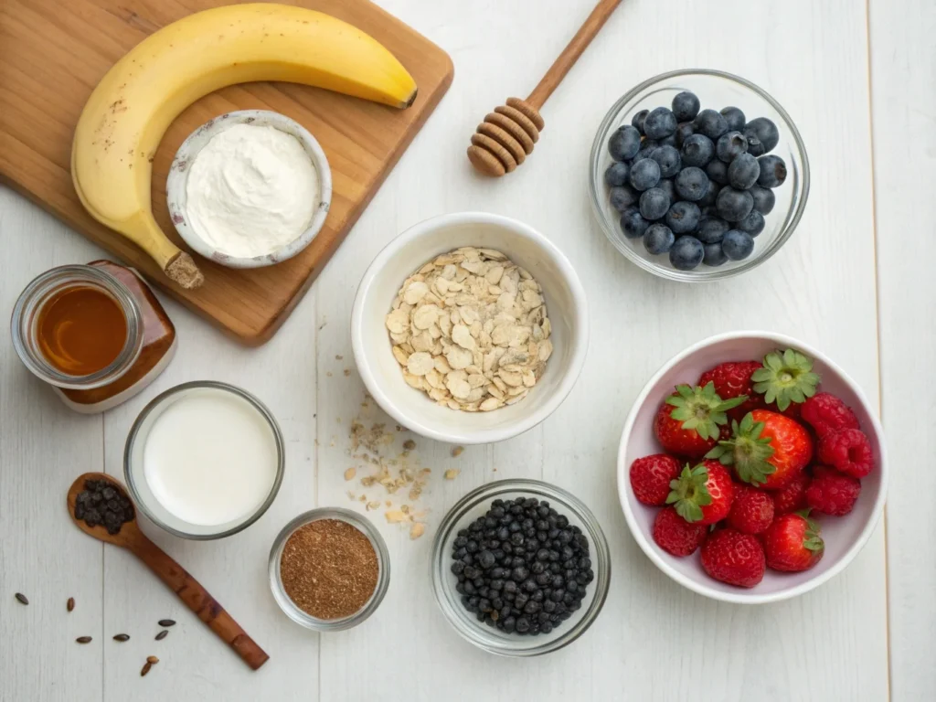 Ingredients for healthy overnight oats, including rolled oats, almond milk, Greek yogurt, chia seeds, fresh fruits, and honey on a wooden counter.