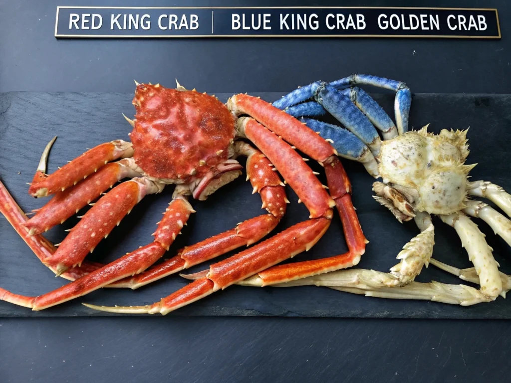 Side-by-side comparison of red, blue, and golden king crab legs, showcasing species variations in size and texture for the King Crab vs Alaskan King Crab debate.