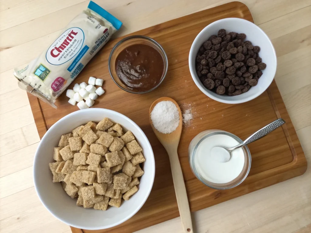 Flat lay of Muddy Buddies ingredients, including Chex cereal, melted chocolate, peanut butter, powdered sugar, and measuring cups, neatly arranged on a wooden countertop.