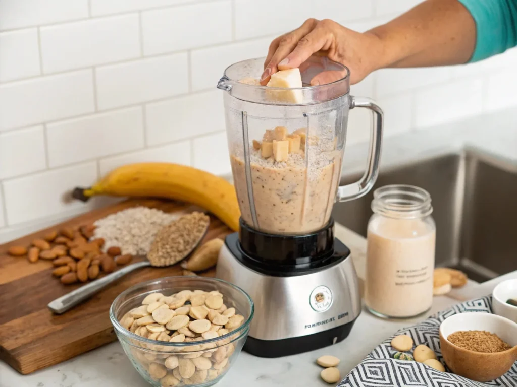 Blending a peanut butter smoothie without banana using a high-speed blender, showing peanut butter, almond milk, oats, and protein powder inside.