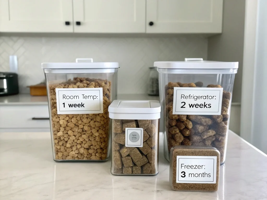 Muddy Buddies stored in airtight containers labeled with storage times for room temperature, refrigeration, and freezing.