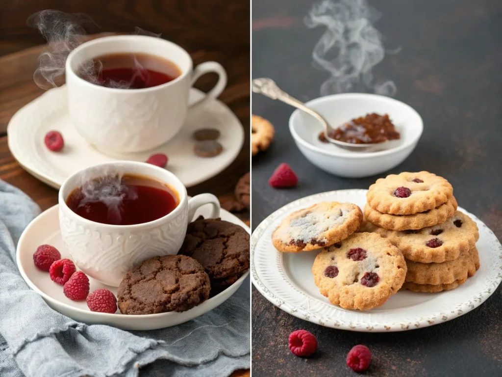 Dark chocolate chip cookies paired with black tea and raspberry Linzer cookies with Earl Grey tea. Best cookies for tea lovers.