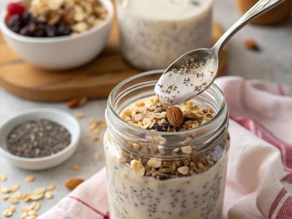 Preparing overnight oats by mixing rolled oats, almond milk, yogurt, and chia seeds in a mason jar for a nutritious and easy breakfast.