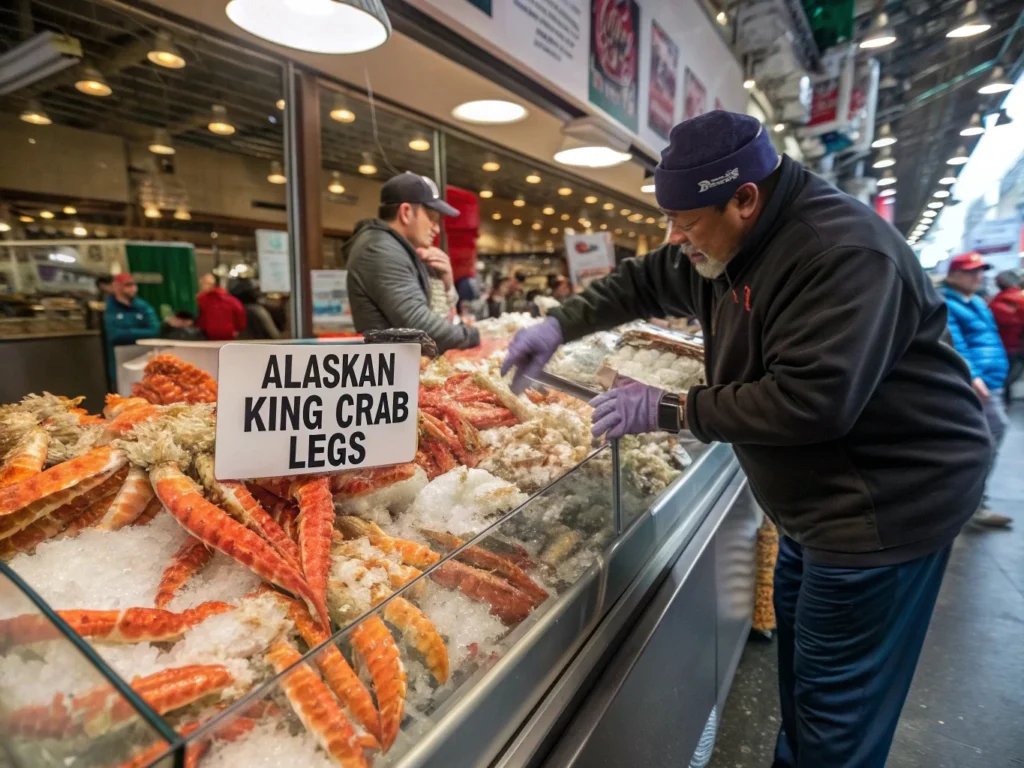 Seafood market display of Alaskan king crab legs with price tags, illustrating the price differences in King Crab vs Alaskan King Crab.