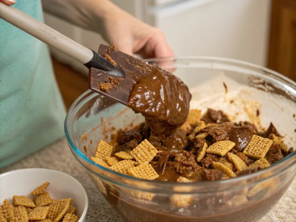 Close-up of Chex cereal being coated with melted chocolate and peanut butter in a large glass mixing bowl, showing the rich and glossy texture of the mixture.