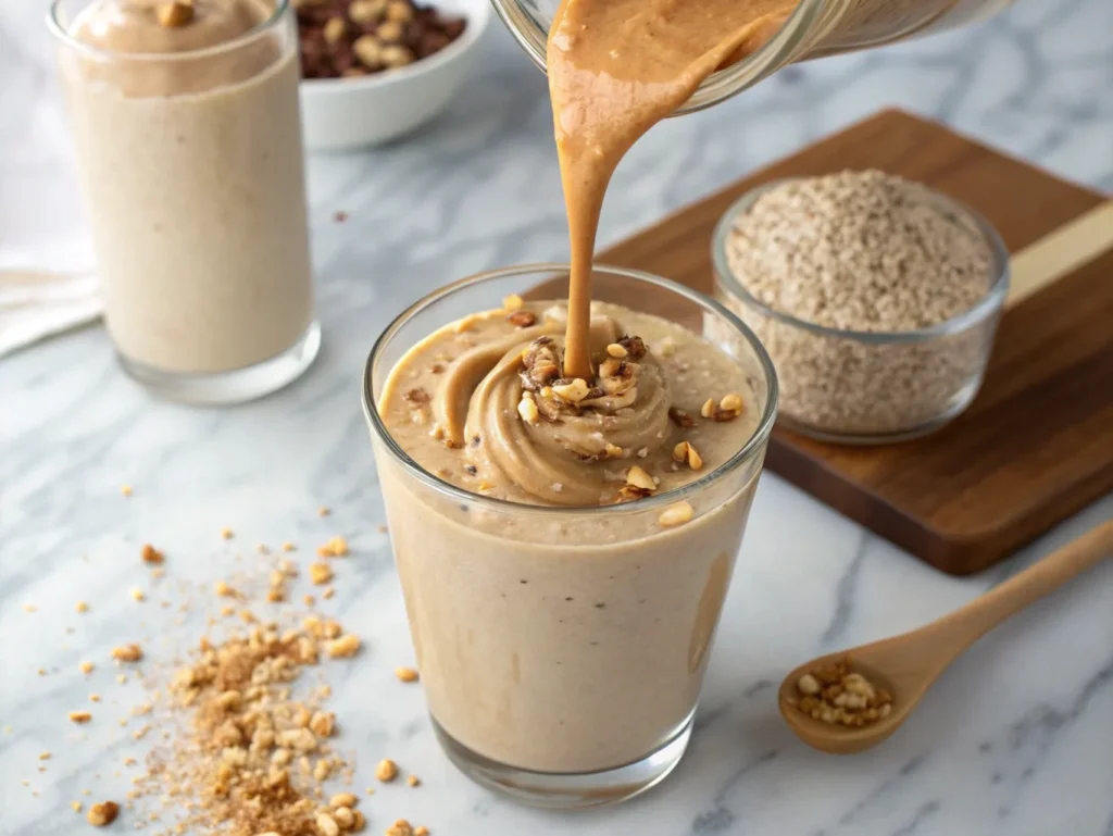 Thick and creamy peanut butter smoothie without banana being poured into a glass, topped with a swirl of peanut butter and crushed nuts.