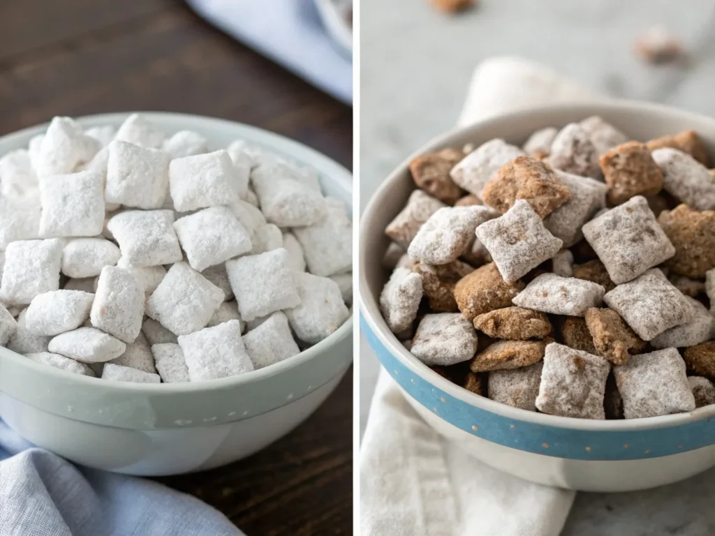 Side-by-side comparison of fresh vs. stale Muddy Buddies. Fresh ones are crispy, while stale ones appear clumpy and discolored.