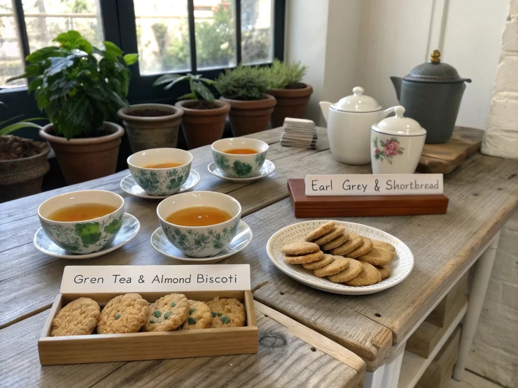 A tea and cookie tasting setup featuring Earl Grey, black, and green tea with almond biscotti, shortbread, and ginger cookies.