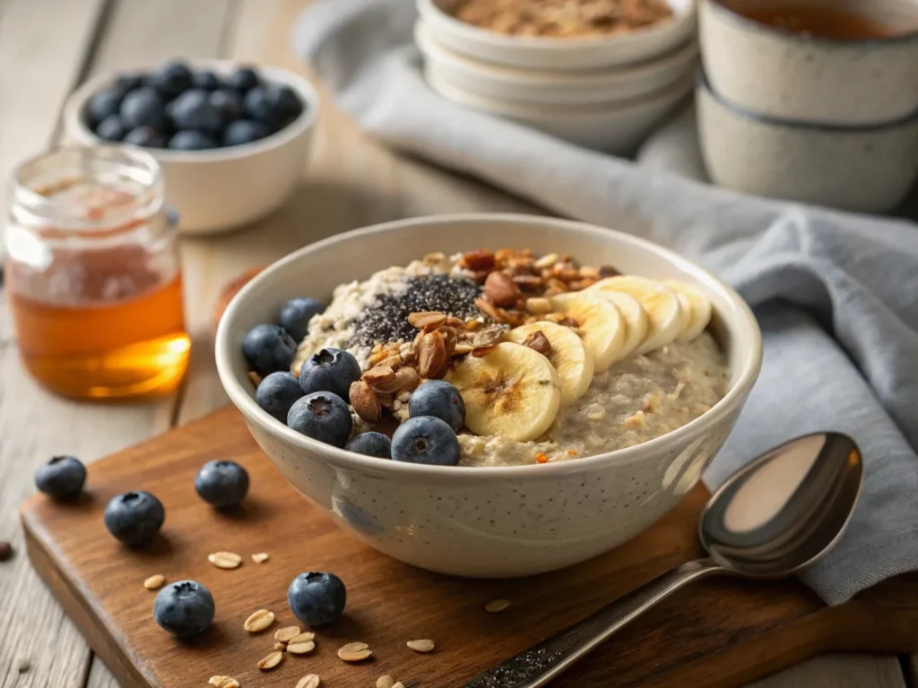 A bowl of overnight oats with blueberries, banana slices, chia seeds, and a drizzle of honey, served with a spoon for a healthy morning meal.