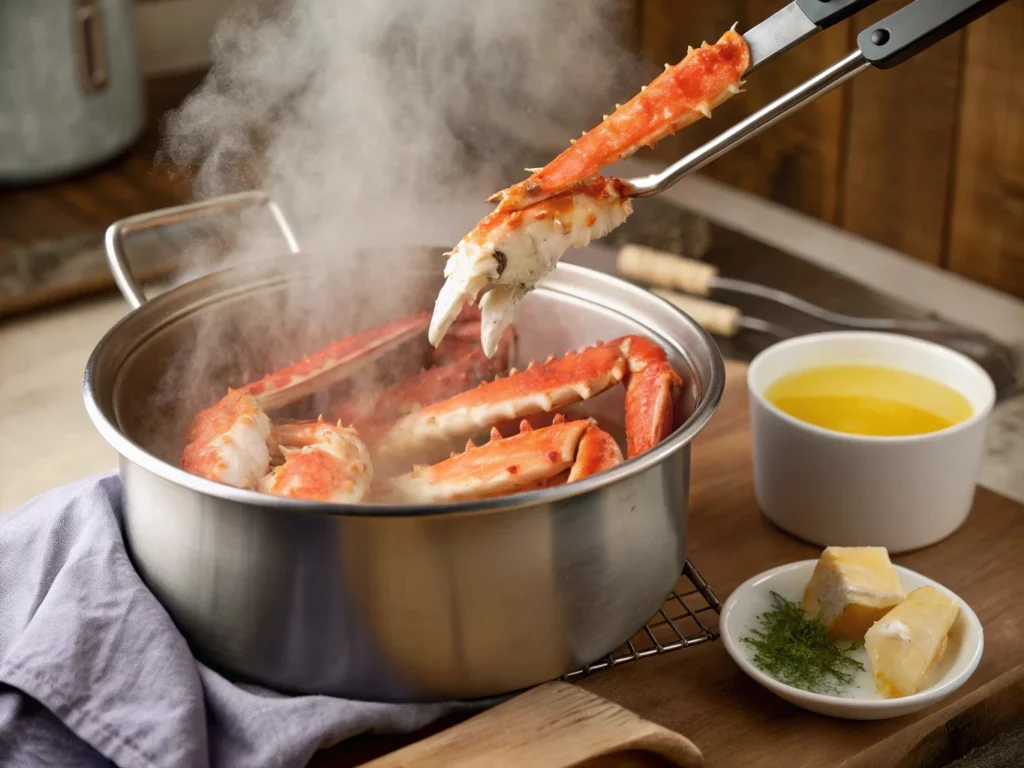 Steaming Alaskan king crab legs in a large pot, a popular cooking method for enhancing flavor in King Crab vs Alaskan King Crab dishes.