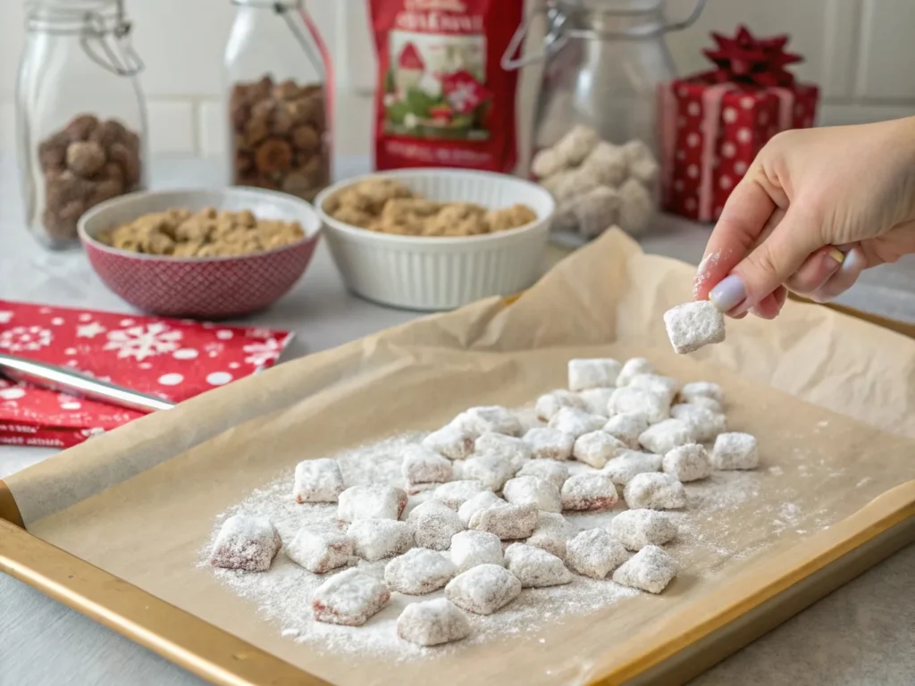 Freshly coated Muddy Buddies being tossed in powdered sugar on a baking sheet, with portions in festive bowls and gift bags for serving or gifting.