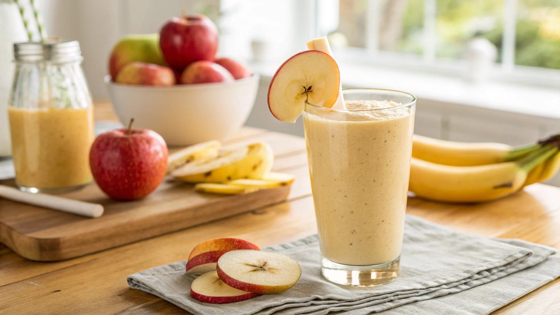 Apple banana smoothie recipe – a creamy, golden smoothie in a clear glass, garnished with banana and apple slices, with fresh fruits in the background.