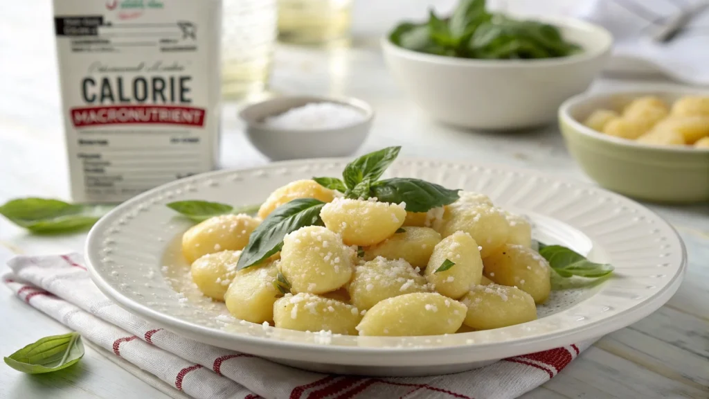 A plate of potato gnocchi sprinkled with parmesan and fresh basil, representing a detailed Gnocchi Calories Guide with nutritional insights.