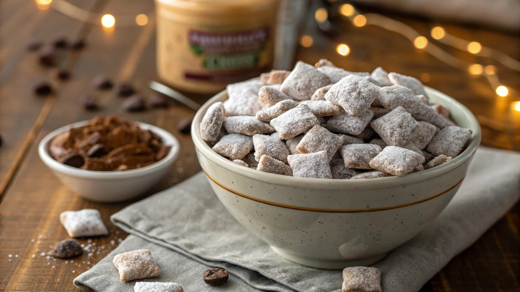 A bowl of gluten-free homemade Muddy Buddies coated in powdered sugar, with chocolate chips and peanut butter in the background.