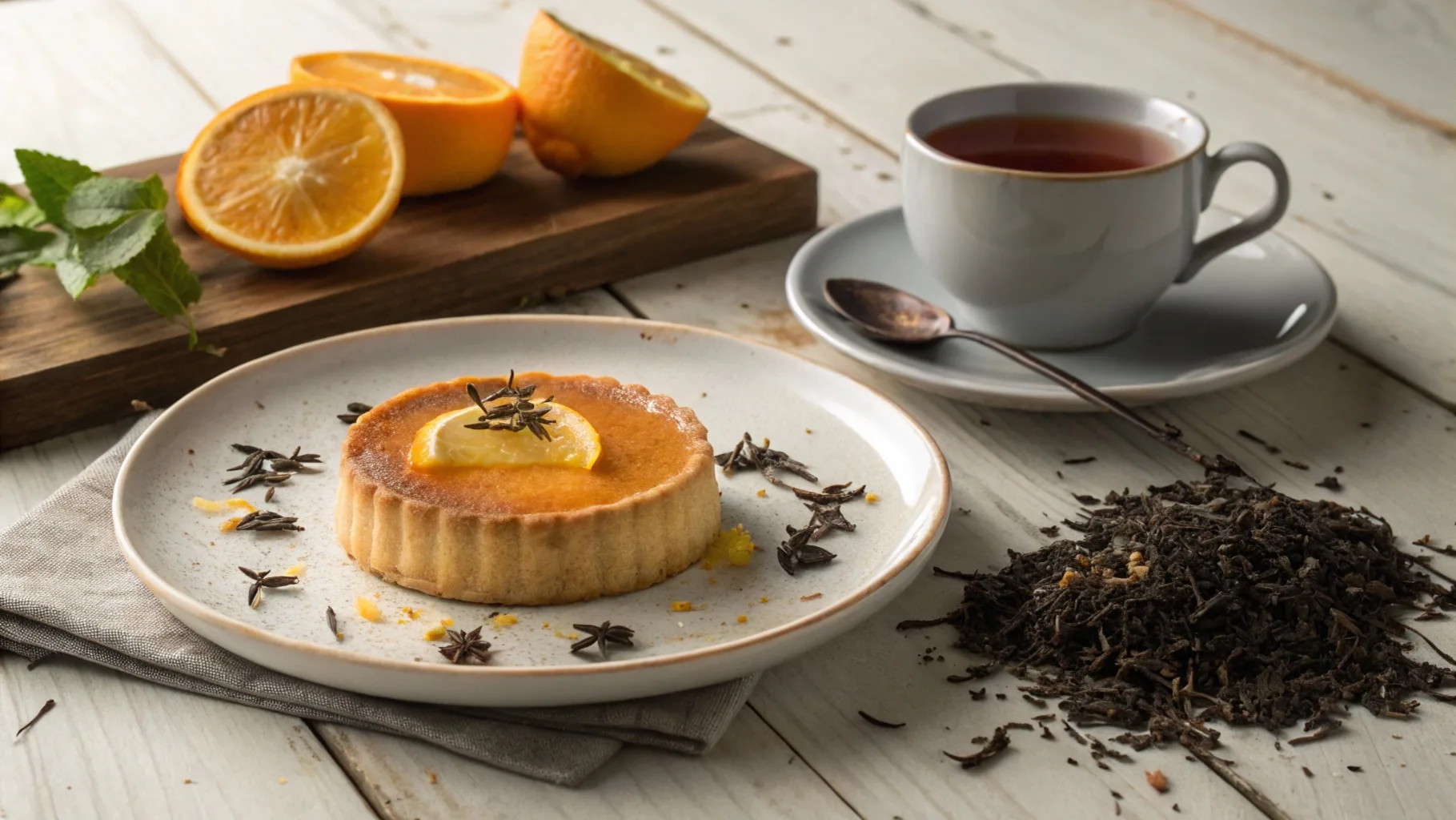 A beautifully plated Earl Grey dessert with loose tea leaves, a steaming cup of Earl Grey tea, and citrus slices on a rustic table – showcasing creative ways to use Earl Grey in desserts.