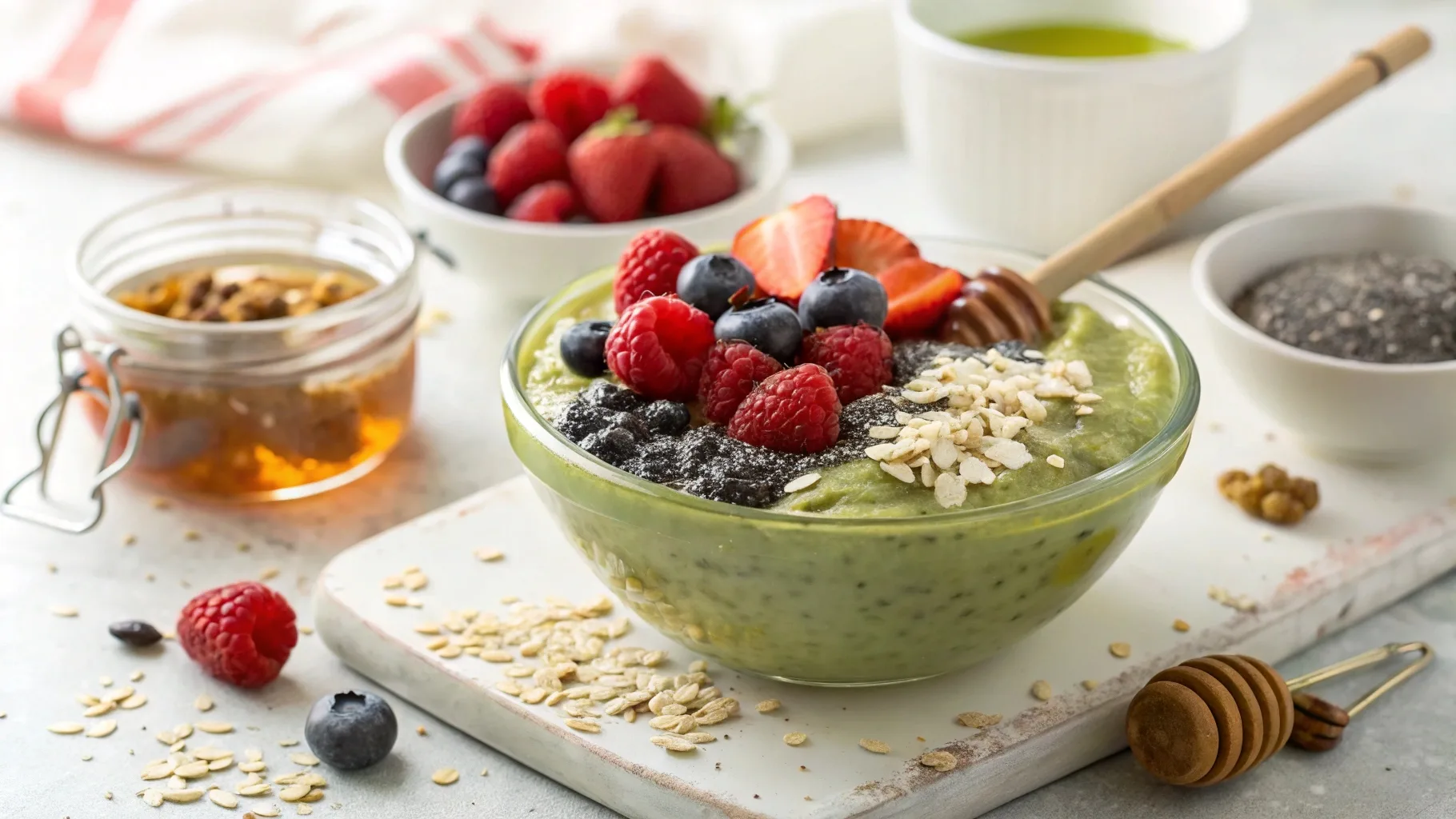 Matcha overnight oats in a glass jar topped with fresh berries and chia seeds, with matcha powder and a whisk beside it. A healthy breakfast option.