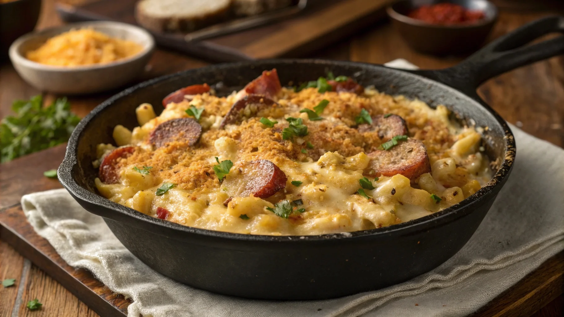 A steaming bowl of Cajun mac and cheese in a cast iron skillet, topped with melted cheese and crispy breadcrumbs, served on a rustic wooden table.