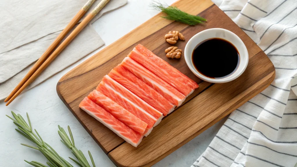 Is imitation crab meat healthy? A close-up of fresh imitation crab sticks on a wooden cutting board with soy sauce and chopsticks.