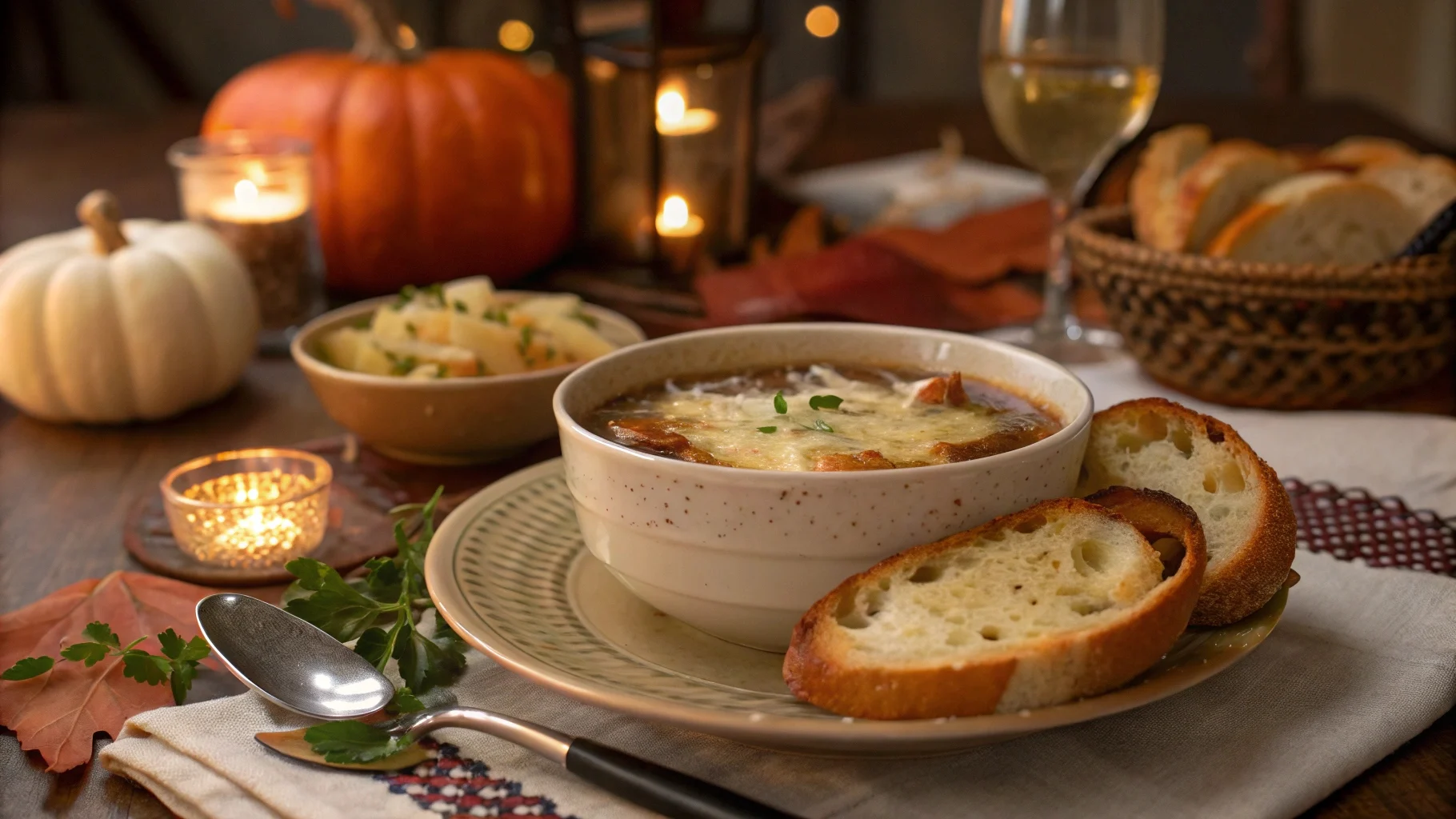 A steaming bowl of French onion soup topped with melted Gruyère cheese and crispy baguette slices, the perfect side dish pairing.