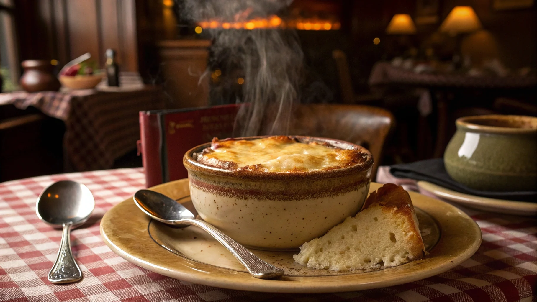 French onion soup with a golden soufflé topping served in a rustic bowl, steaming hot, with a cozy French bistro setting in the background.