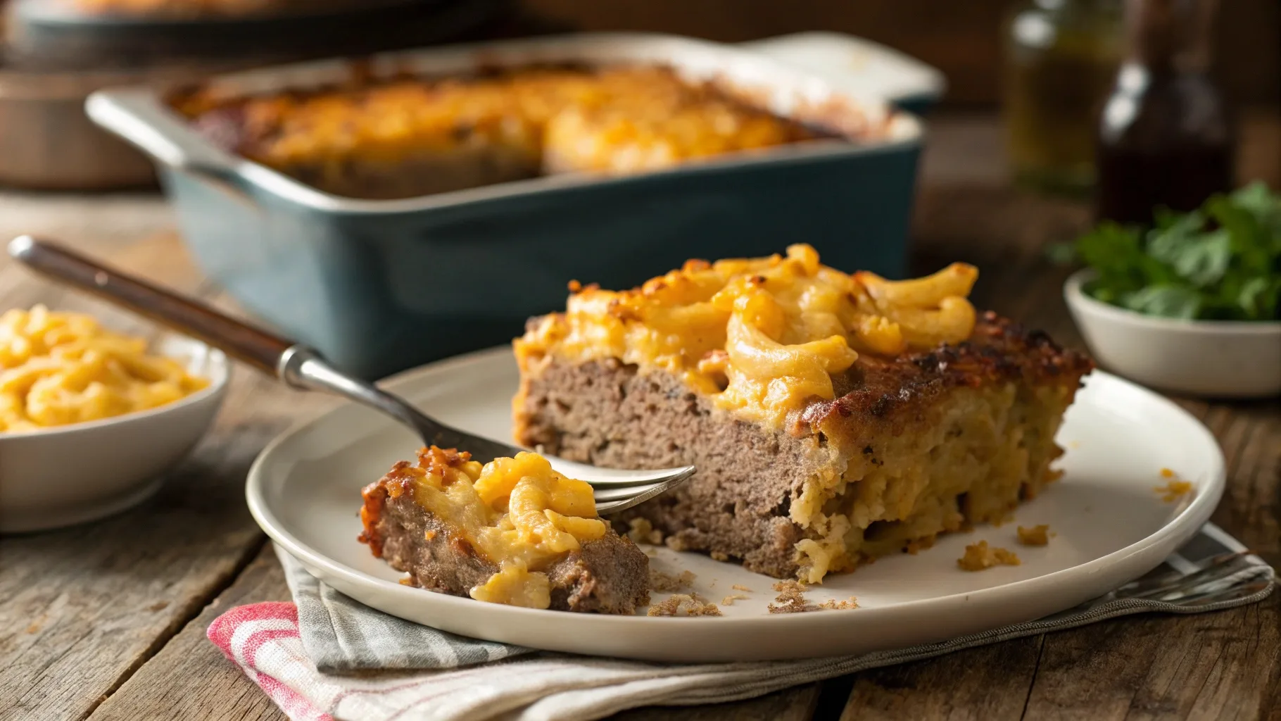 Delicious mac and cheese meatloaf casserole served on a plate, featuring a cheesy, golden-brown topping and a moist meatloaf base.