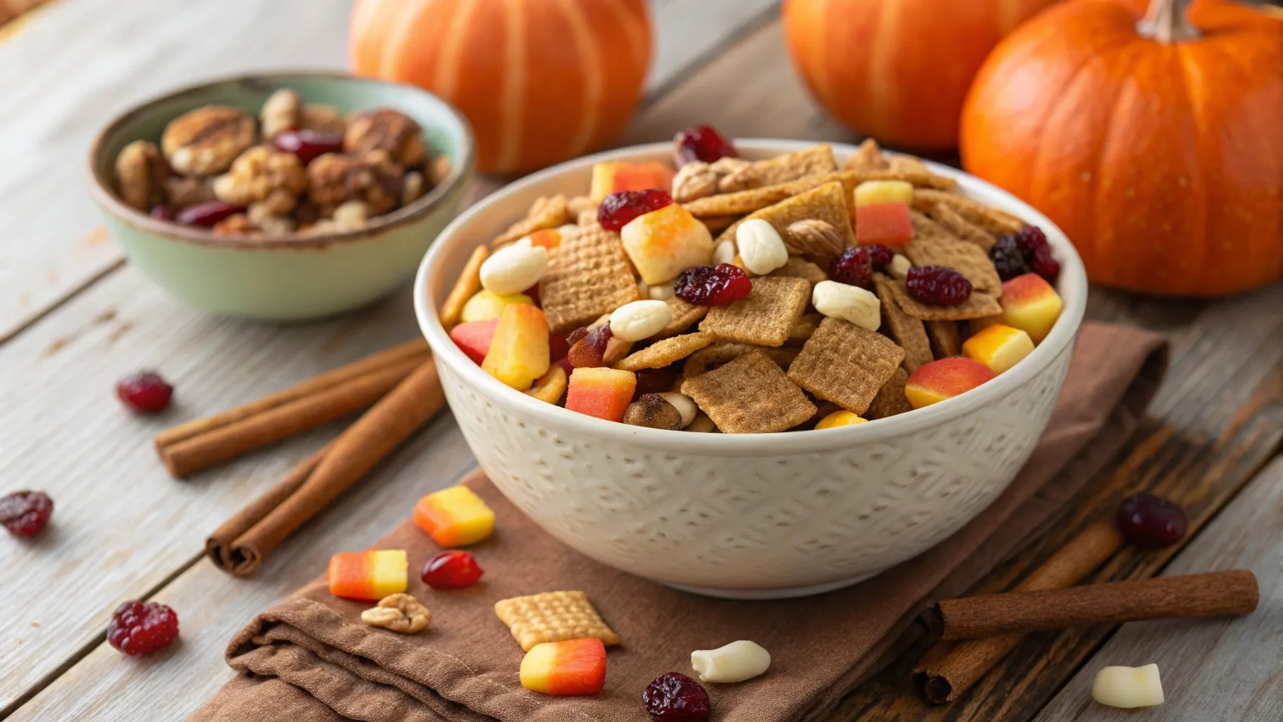 A festive bowl of Fall Buddy Mix filled with Chex cereal, dried cranberries, nuts, apple chips, candy corn, and fall-colored M&M’s, placed on a rustic wooden table with autumn decorations.