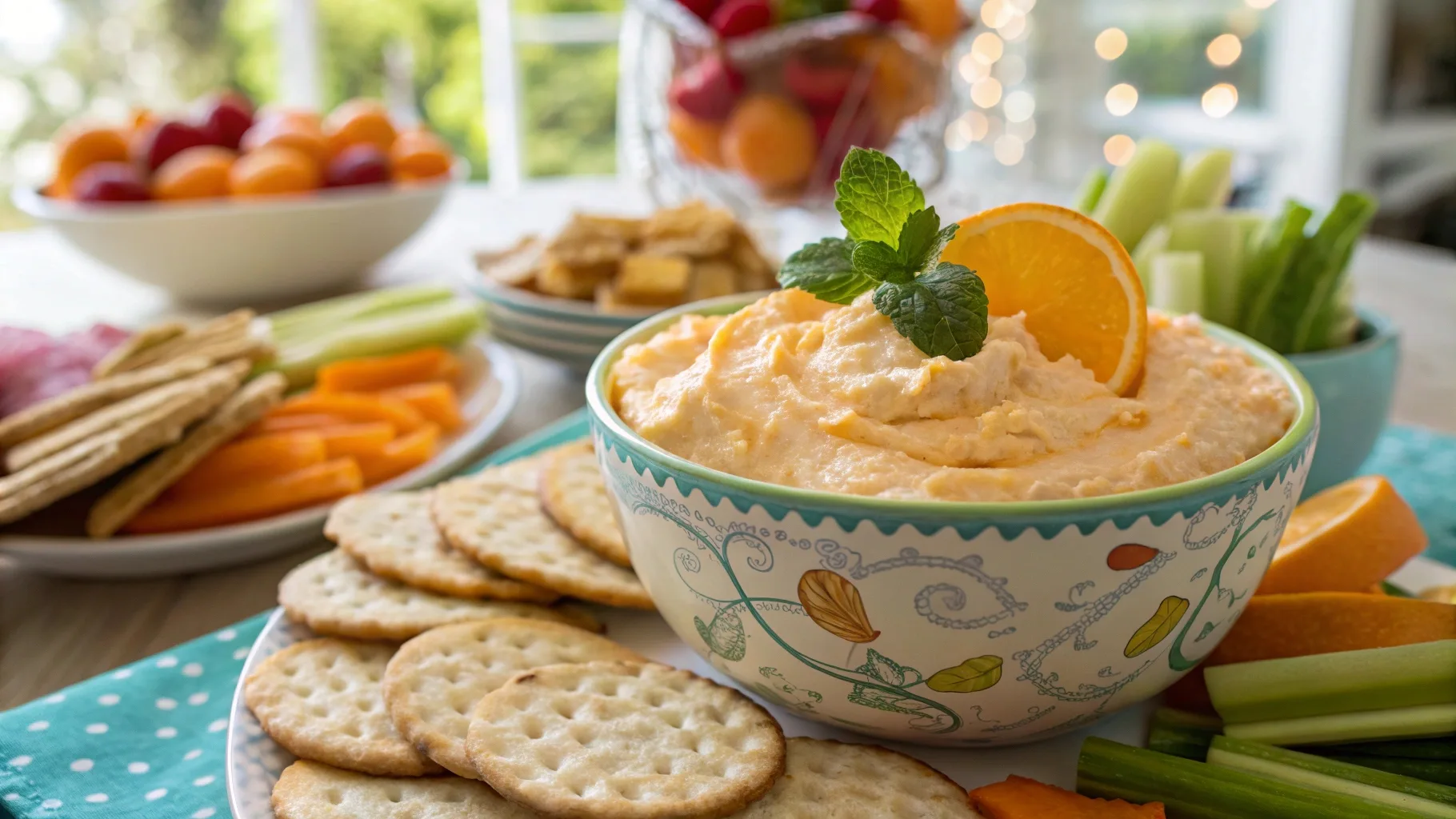 A creamy and vibrant Orange Cottage Cheese Dip garnished with fresh orange zest, served with crackers, fruit slices, and vegetables.