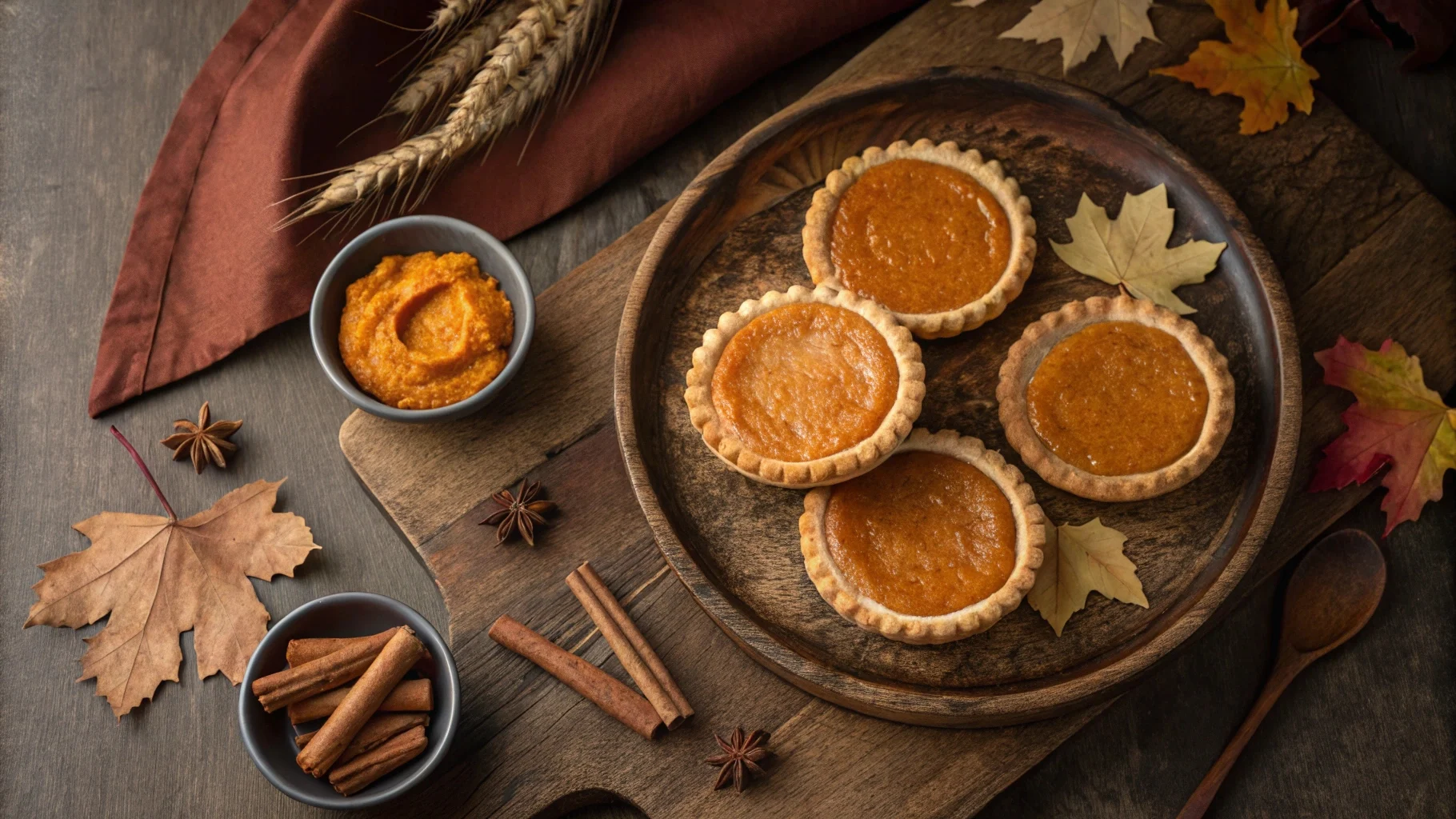 Freshly baked pumpkin pie cookies on a wooden plate, surrounded by cinnamon sticks and pumpkin puree. A cozy fall dessert.