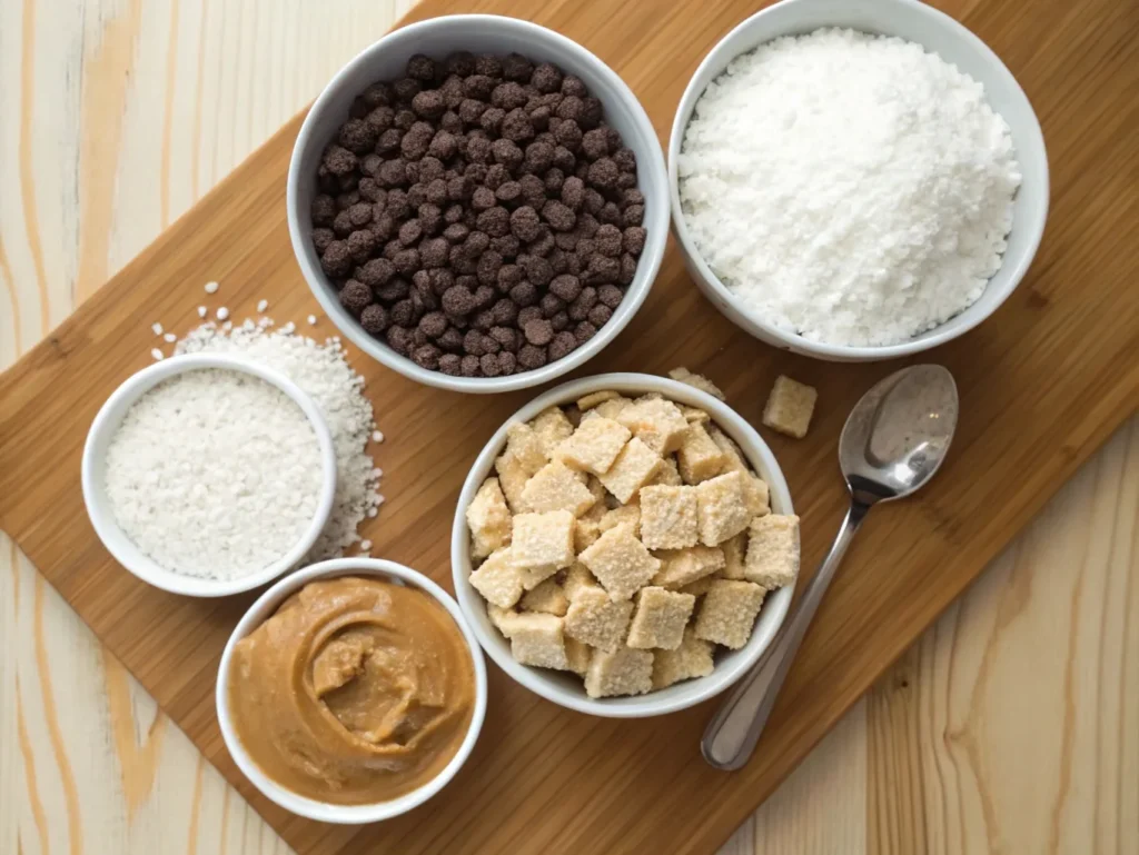 Ingredients for gluten-free Muddy Buddies, including Rice Chex cereal, chocolate chips, peanut butter, and powdered sugar, arranged on a wooden countertop.