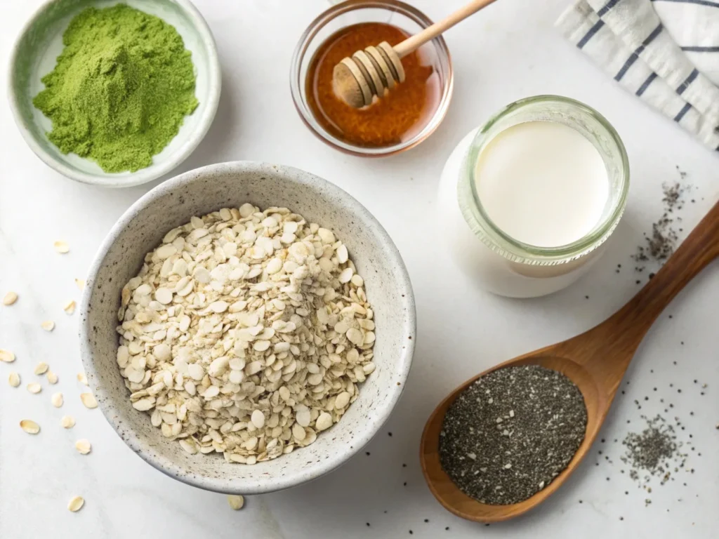 Ingredients for matcha overnight oats including rolled oats, matcha powder, almond milk, honey, and chia seeds on a white countertop.