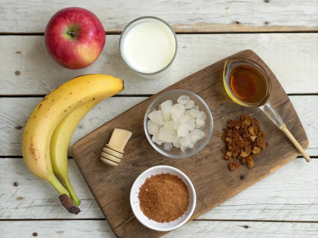 Fresh ingredients for a banana apple smoothie, including ripe bananas, crisp apples, honey, milk, cinnamon, and ice cubes arranged on a wooden surface.